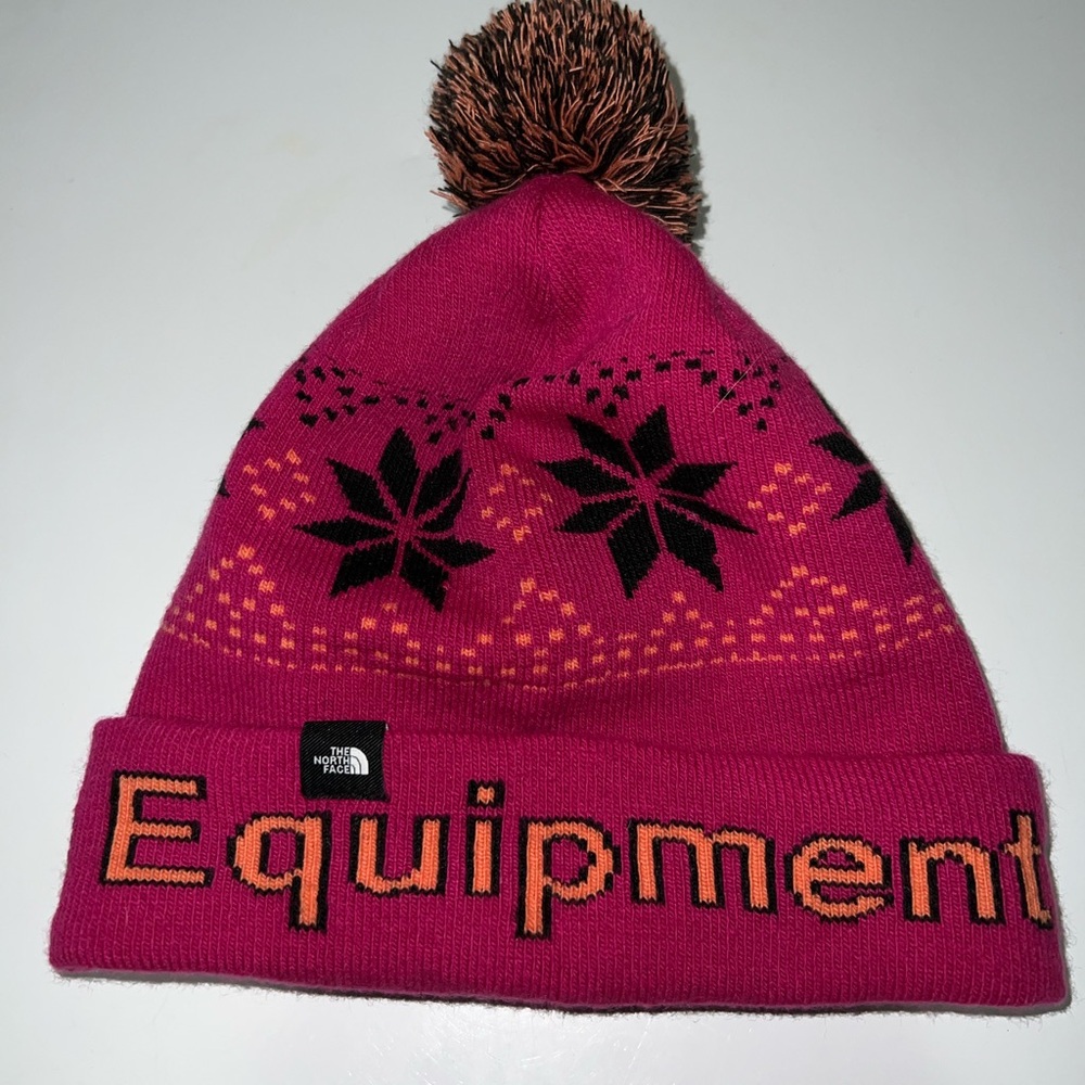 The North Face Pink Beanie with Black and Orange Accents